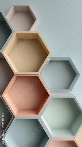 Pastel hexagon wall texture floats in shadowless space. Lines suggest geometry shaped by wind. Architectural concept visualized for interior branding, 