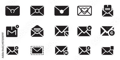 A set of black and white email icons depicting various states like new, read, important, deleted, and sent.