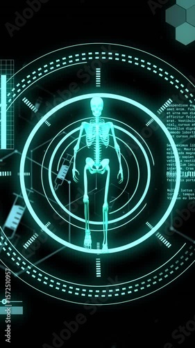 Animation of scopes, skeleton and scientific data processing over black background