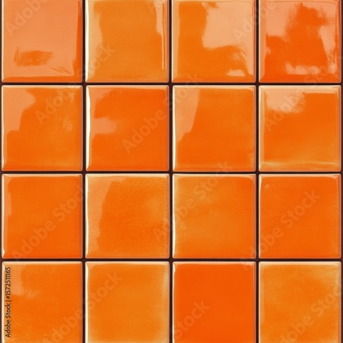Glossy orange ceramic tiles arranged in a square pattern, reflecting light to create a bright and vibrant design element for interior decor.