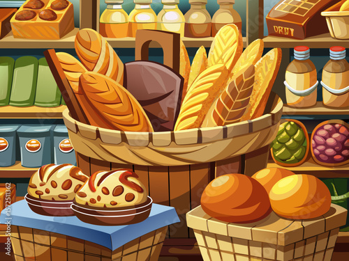vector of Close-up view of freshly baked bakery and bag of bread in basket in hypermarket