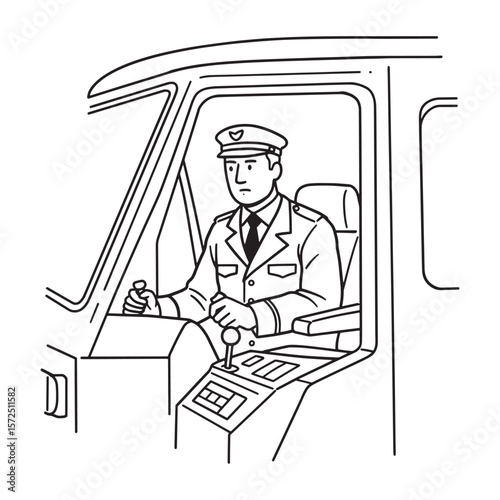 Illustration of a train conductor wearing uniform driving inside train cabin black and white