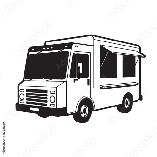 Simple black and white food truck illustration depicting mobile restaurant business