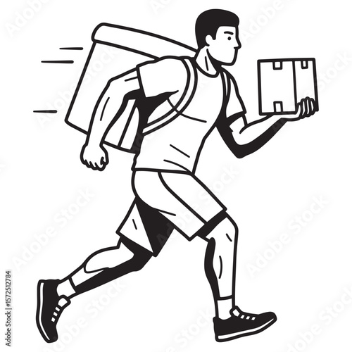 Speedy delivery person running with food backpack and parcel for quick order fulfillment