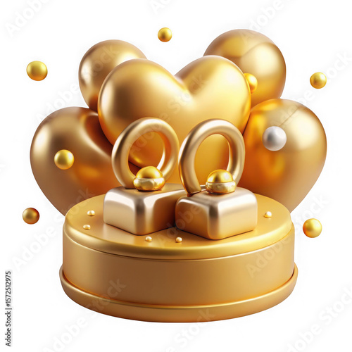 Luxurious golden heart shaped balloons and rings arranged on a pedestal with scattered golden spheres isolated on transparent background