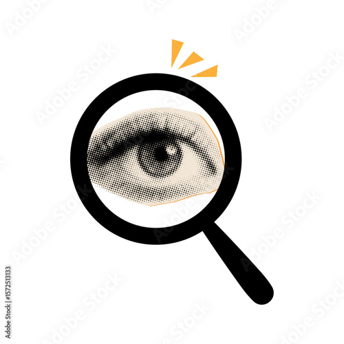 Magnifying glass with halftone female eye inside,search concept,trendy collage elements