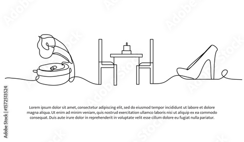Continuous line music at dinner. Single line decorative element drawn on white.