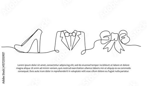 Continuous line clothes for parties. Single line decorative element drawn on white.