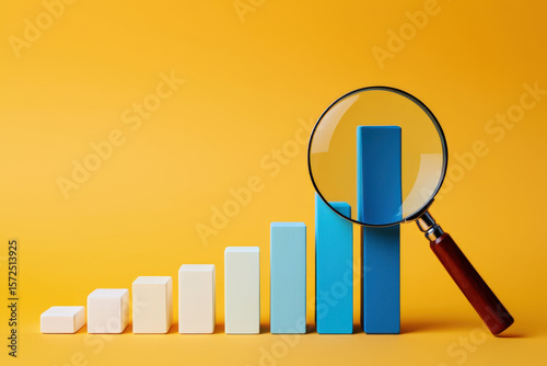 Analyzing Business Growth A Magnifying Glass Focuses on Rising Bar Graph Blocks Representing Data Analysis and Strategic Insights on a Bright Yellow Backdrop