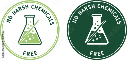 "No Harsh Chemicals Free" badge with Erlenmeyer flask on white background