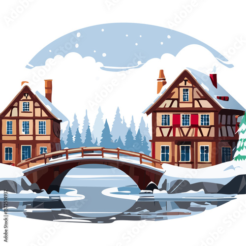 Half-timbered houses and bridge with river winter landscape vector illustration. Christmas European street background for postcard and invitation backdrop.