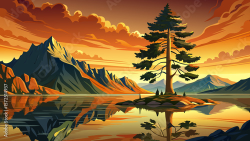 Volcanic mountain vector at sunrise calm lake reflection serene morning light, peaceful nature landscape, mirror water surface, scenic view, outdoor travel, tranquil wilderness scene cartoon