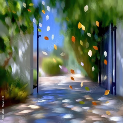 Soft Focus Orange Leaves Falling in a Garden Path