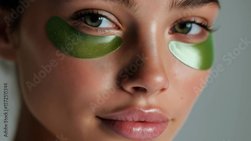 Close up an eyes of a young woman applying hydrogel under eye recovery patches for skin care, Moisturizing, Nourishing and treating under eye skin, Rejuvenating facial treatment concept	
