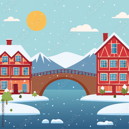 Half-timbered houses and bridge with river winter landscape vector illustration. Christmas European street background for postcard and invitation backdrop.