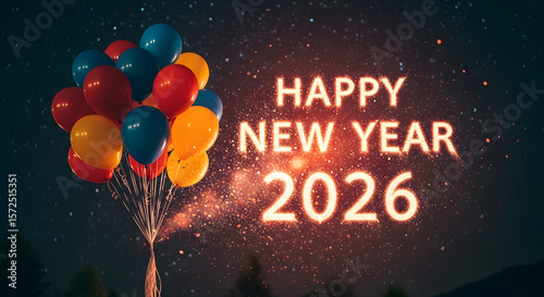  Happy New Year 2026 Greeting with Glowing Text and Colorful Balloons in a Starry Night Sky.