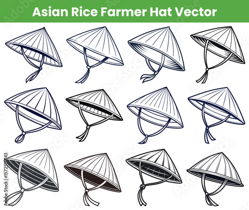 Asian Rice Farmer Hats Traditional Conical Headwear Illustration Set
