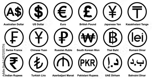 currency icons set. Australian dollar, us dollar, euro, pound, yuan, Yun, pkr, uae dirham, romania dinar, dinar, symbol sign. collection of currency. vector illustration.