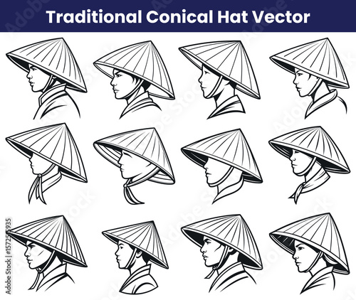 Traditional Asian Conical Hat Illustration in Black and White