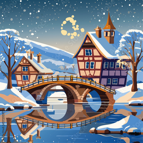 Half-timbered houses and bridge with river winter landscape vector illustration. Christmas European street background for postcard and invitation backdrop.