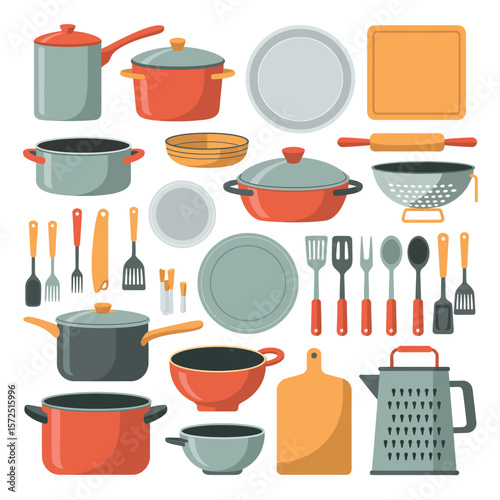 Colorful Kitchen Utensils and Cookware Collection