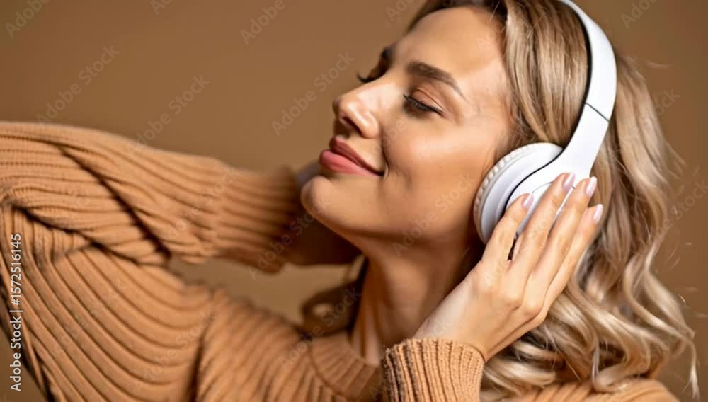 custom made wallpaper toronto digitala young woman listening to music with closed eyes, wearing wireless headphones and a sweater
