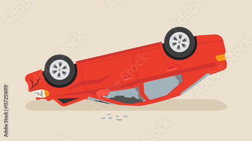 Red sedan car flips onto roof after colliding. Isolated upside down car crash scene. Flat vector illustration template.
