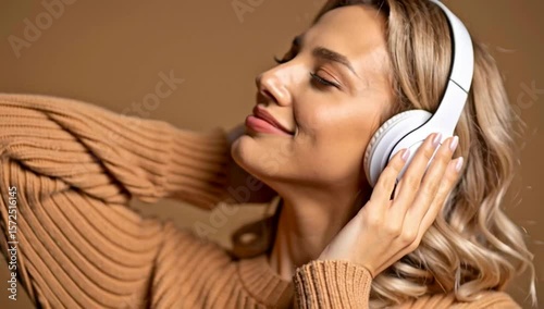 Wallpaper Mural a young woman listening to music with closed eyes, wearing wireless headphones and a sweater Torontodigital.ca