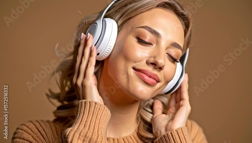 Wallpaper Mural A portrait of a woman immersed in music with her eyes closed, wearing headphones, smiling joyfully Torontodigital.ca