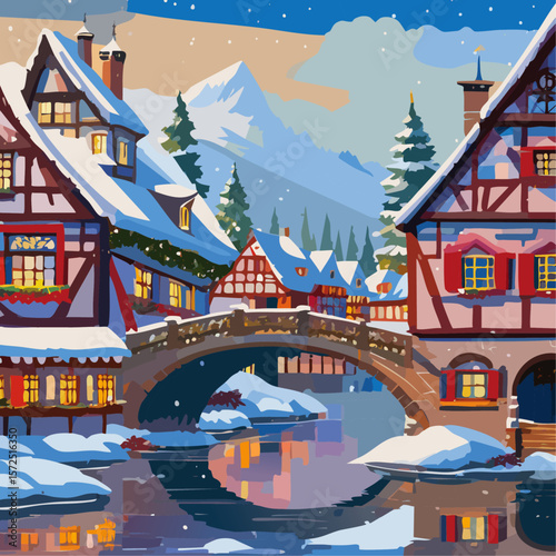 Half-timbered houses and bridge with river winter landscape vector illustration. Christmas European street background for postcard and invitation backdrop.