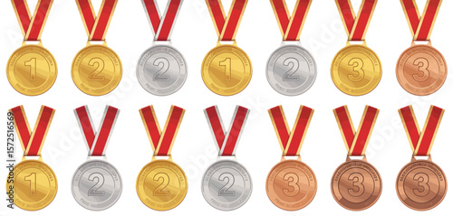 Twelve Gold Silver and Bronze Medals with Red Ribbons