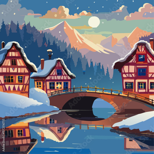 Half-timbered houses and bridge with river winter landscape vector illustration. Christmas European street background for postcard and invitation backdrop.
