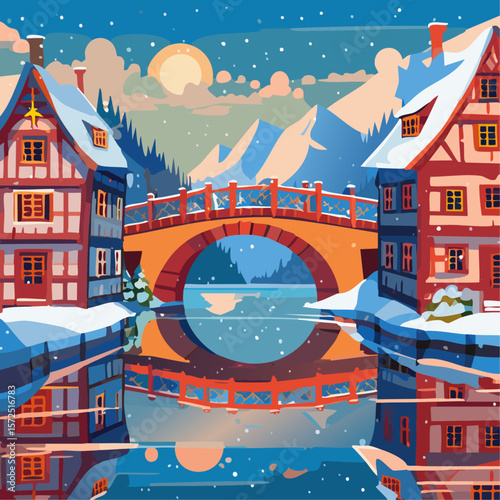 Half-timbered houses and bridge with river winter landscape vector illustration. Christmas European street background for postcard and invitation backdrop.