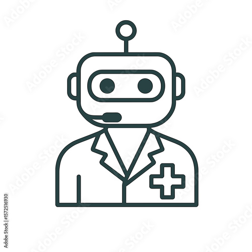 Line icon of virtual doctor robot in medical uniform with headset