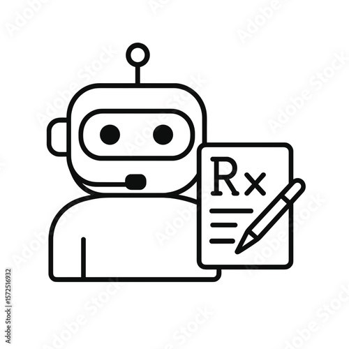 Line icon of AI medical assistant robot writing prescription, healthcare bot with Rx form