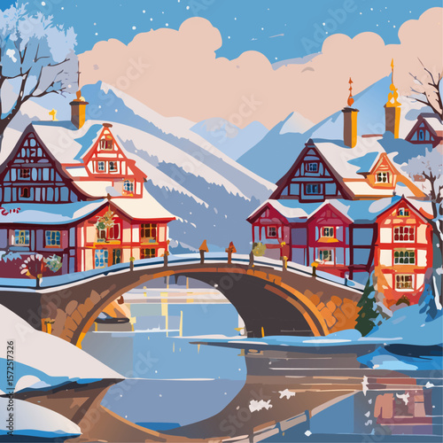 Half-timbered houses and bridge with river winter landscape vector illustration. Christmas European street background for postcard and invitation backdrop.