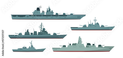 Collection of Military Warships Navy Ships Flat Vector Illustration