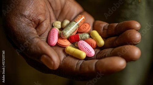 Hand holding colorful pills with medication, and healthcare.