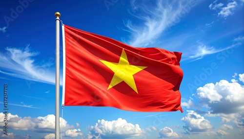 Vibrant Vietnam flag waving proudly in the wind against a clear blue sky with fluffy clouds