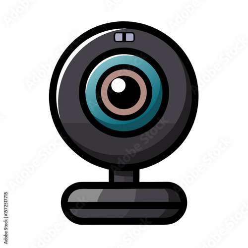 a webcam with a large circular lens featuring a blue iris and black pupil, resembling an eye. 