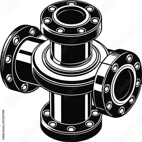 Black vector pipe fitting cross joint industrial plumbing