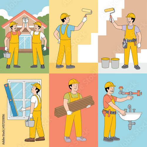 Happy Construction Workers Teamwork Home Improvement