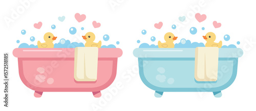 Two Baby Rubber Ducks in Pink and Blue Bathtubs