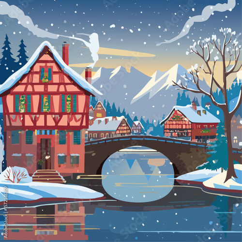 Half-timbered houses and bridge with river winter landscape vector illustration. Christmas European street background for postcard and invitation backdrop.