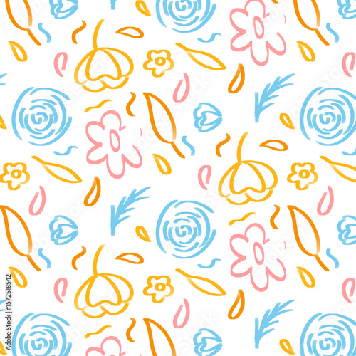 Playful Rough Floral Pattern in Blue, Pink, and Orange – Cute and Innocent Design