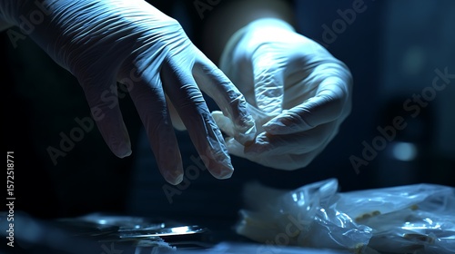 Hand with glove with preparing medicine, and dark scene.