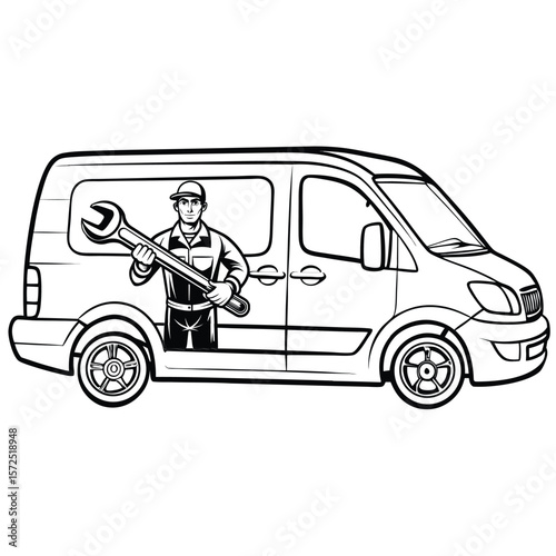 Mechanic with wrench by service van repair