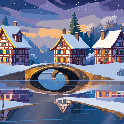 Half-timbered houses and bridge with river winter landscape vector illustration. Christmas European street background for postcard and invitation backdrop.