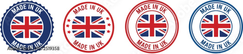 Collection of Made In UK badges with Union Jack on white background