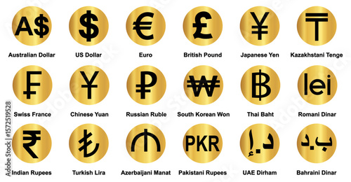 currency icons set. Australian dollar, us dollar, euro, pound, yuan, Yun, pkr, uae dirham, romania dinar, dinar, symbol sign. collection of currency. vector illustration. Gold Platted. 